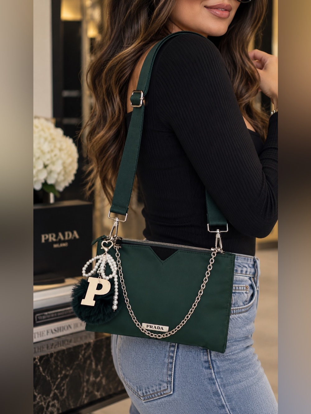Prada beauty Dark Green pouch with silver hardware